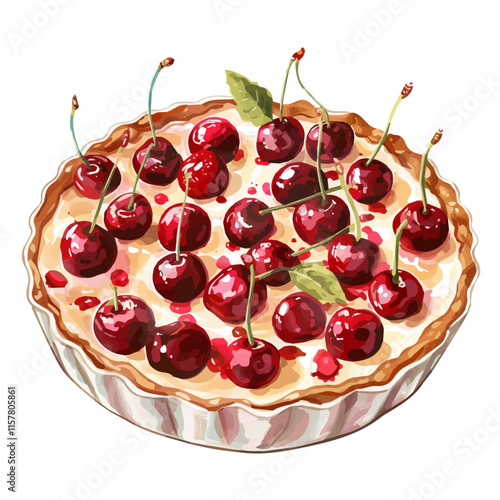 A watercolor drawing of French clafoutis dessert with cherries, isolated on a white background. Clafoutis vector.
