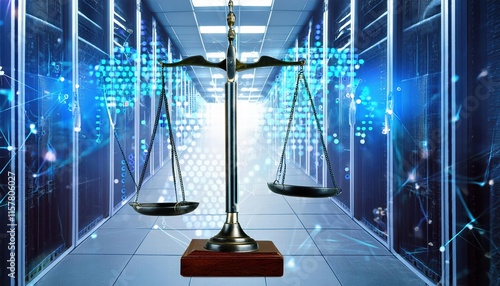 Digital Representation of Law Scales Against a Data Center Background Exploring the Duality of Judiciary and Jurisprudence in the Modern Legal Landscape photo