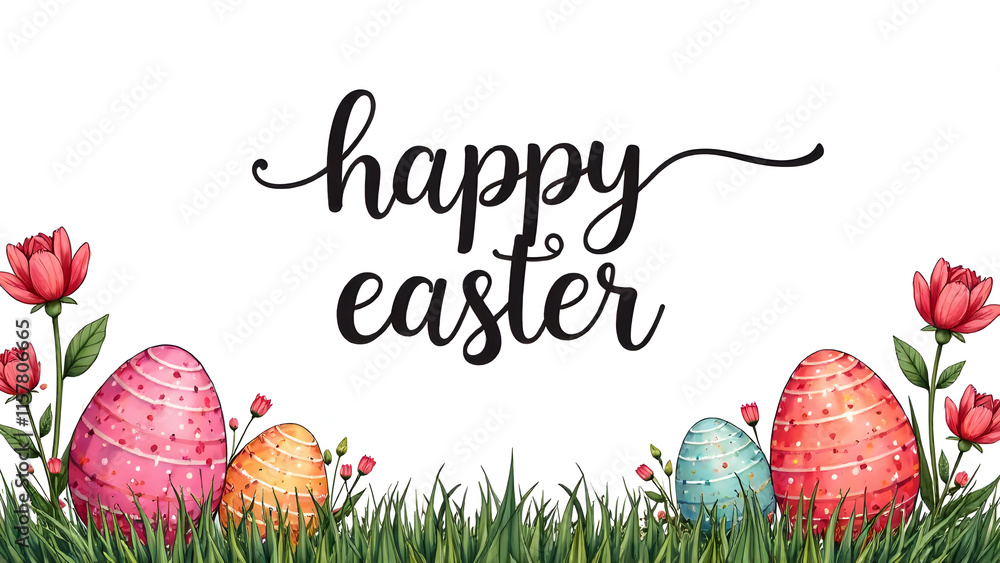 Easter decorations border with white Handwriting thin Letters Happy Easter over Easter background with bunnies, eggs and flowers