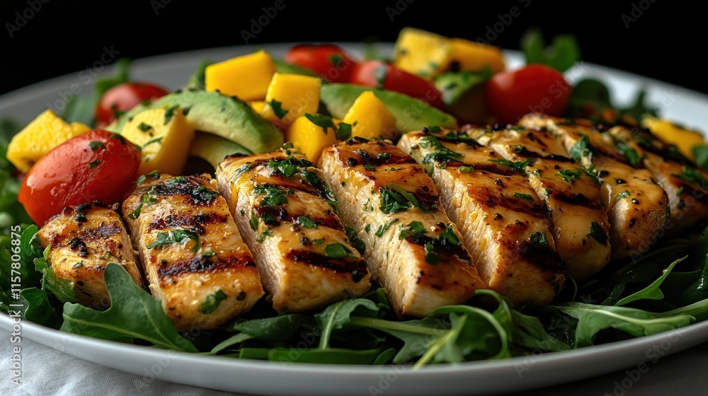 Grilled chicken breast salad with mango, avocado, and cherry tomatoes. (1) Grilled chicken breast salad with mango, avocado, and cherry tomatoes. (1)