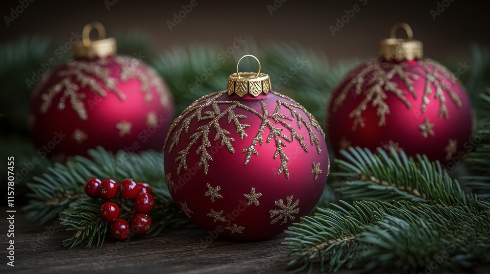 Festive Red Christmas Ornaments with Gold Accents Surrounded by Pine Branches and Berries, Ideal for Holiday Decorations and Seasonal Celebrations Festive Red Christmas Ornaments with Gold Accents Surrounded by Pine Branches and Berries, Ideal for Holiday Decorations and Seasonal Celebrations