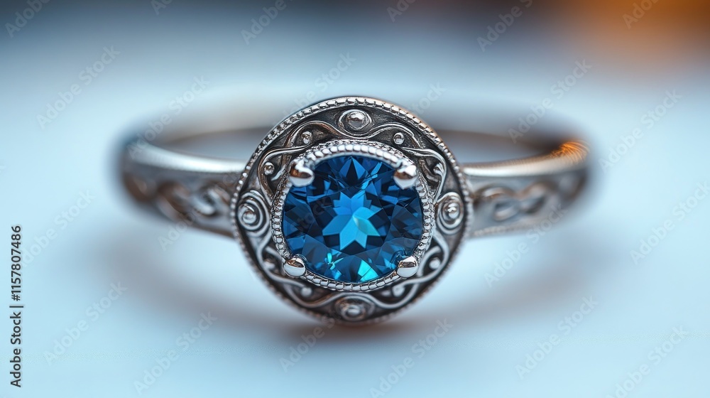 Close-up of a blue gemstone ring with intricate silver setting. Close-up of a blue gemstone ring with intricate silver setting.