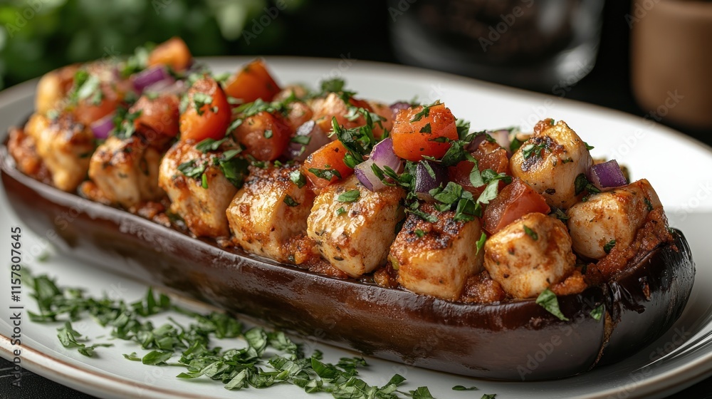 Stuffed eggplant with seasoned chicken, tomatoes, and onions. Stuffed eggplant with seasoned chicken, tomatoes, and onions.