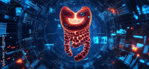 Digital representation of a glowing intestinal structure in a futuristic setting. photo