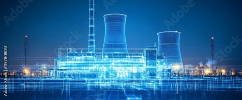 Digital representation of a nuclear power plant with cooling towers.