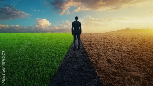 A man in a suit gazes toward contrasting landscapes of green grass and dry soil during sunset