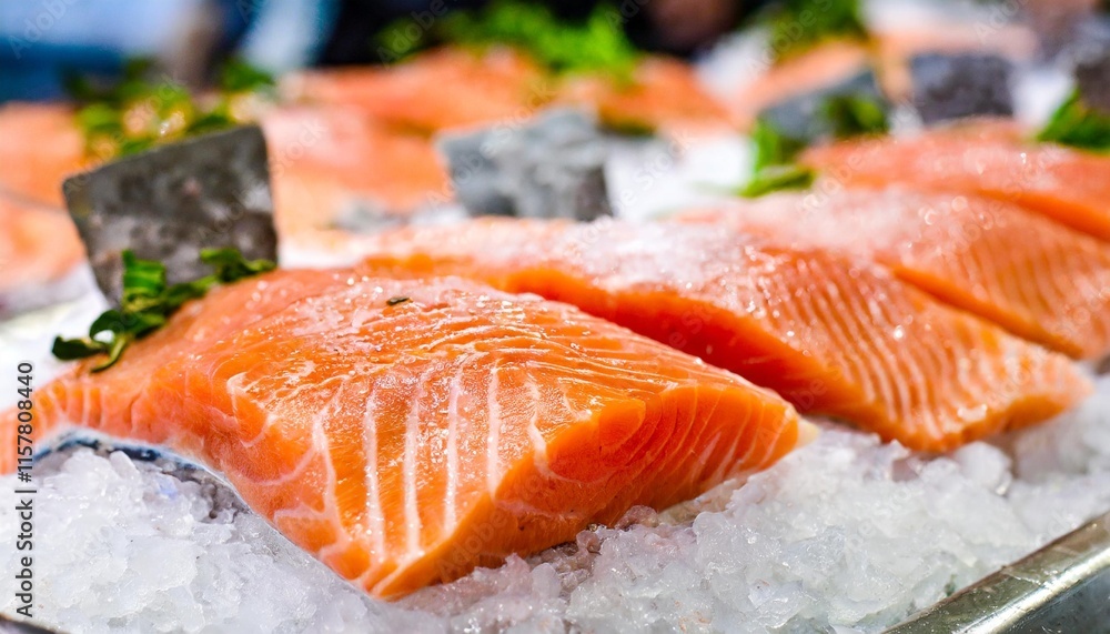 Fresh Salmon Fillets Displayed on Ice at a Coastal Fish Market Fresh Salmon Fillets Displayed on Ice at a Coastal Fish Market