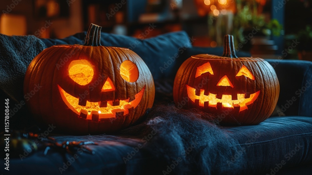 Fototapeta premium Spooky Halloween Pumpkins with Grinning Faces on Cozy Sofa Surrounded by Mysterious Atmosphere and Soft Lighting for Festive Fall Decor
