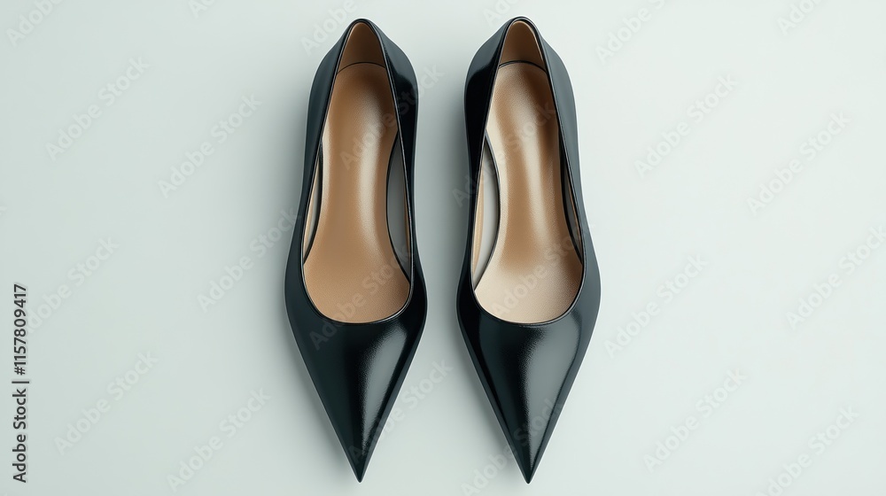 Pair of black patent leather pointed-toe heels on white background. Pair of black patent leather pointed-toe heels on white background.
