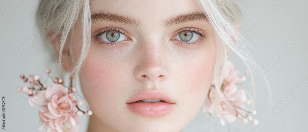 A woman with light blonde hair and green eyes is wearing pink earrings A woman with light blonde hair and green eyes is wearing pink earrings
