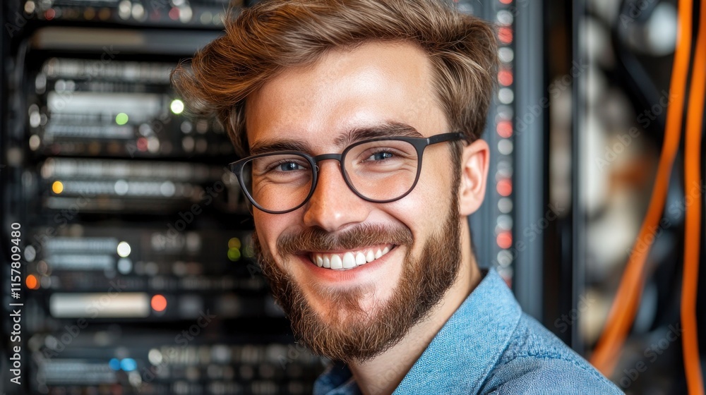 Technician works on server maintenance while enjoying a moment of satisfaction in a bright office Technician works on server maintenance while enjoying a moment of satisfaction in a bright office