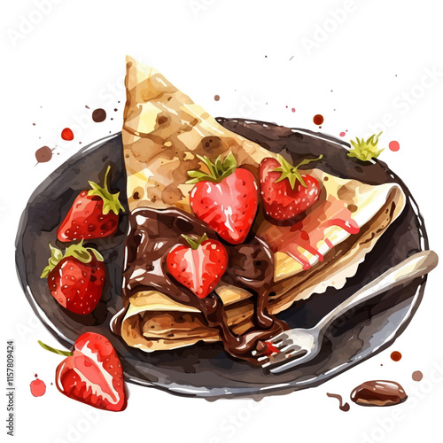 A watercolor of French crêpes with Nutella and strawberries, isolated on a white background. Crêpes vector.
