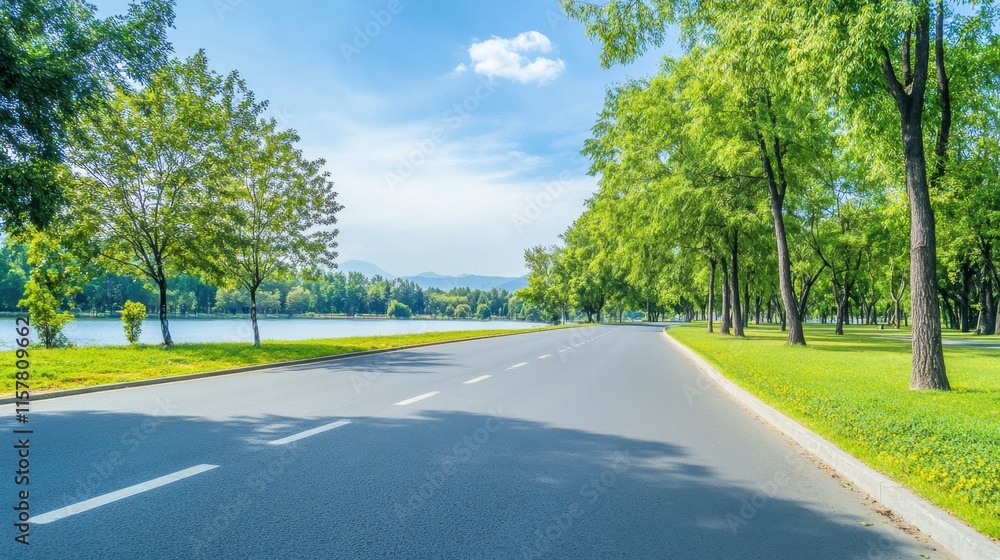 Fototapeta premium Serene Empty Road Surrounded by Lush Green Trees and Calm Water Reflection