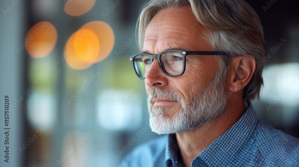 Senior man with glasses reflects deeply while sitting by the window in a warm setting Senior man with glasses reflects deeply while sitting by the window in a warm setting