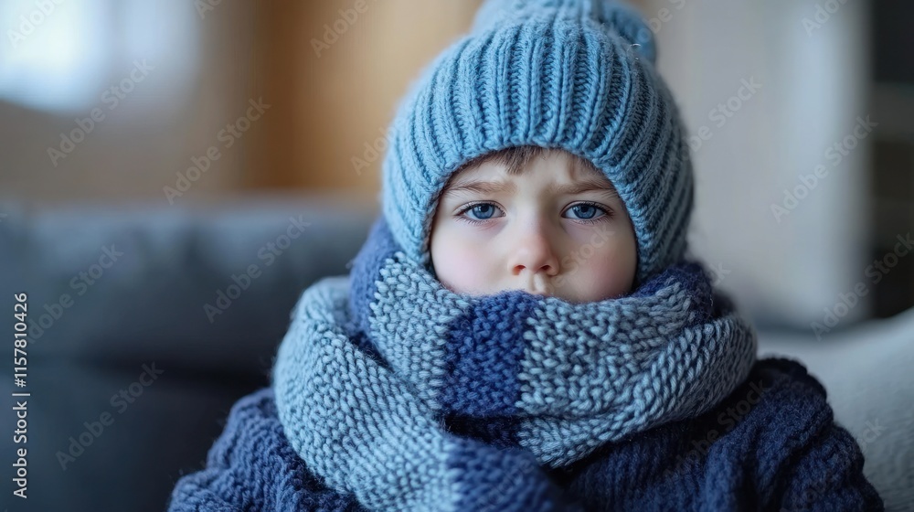 A young child in a thick sweater and scarf looks thoughtful while warm indoors in winter A young child in a thick sweater and scarf looks thoughtful while warm indoors in winter