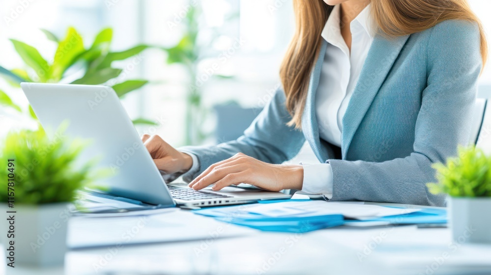 Woman in a gray suit uses laptop at desk filled with documents and plants in a bright office Woman in a gray suit uses laptop at desk filled with documents and plants in a bright office