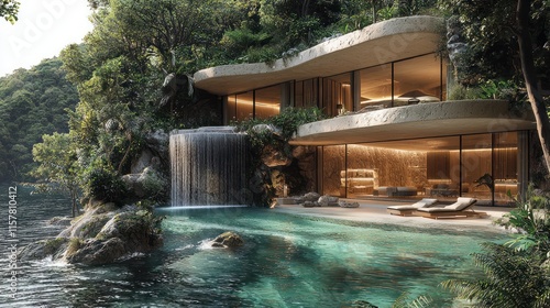 A luxurious hillside villa with a cascading infinity pool, tiered balconies, and lush green terraces. photo