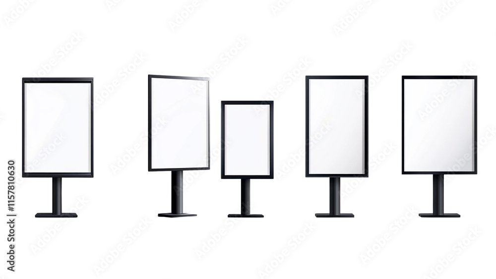 Set of black and white blank display stands for promotional posters, banners, or signboards, cut out Set of black and white blank display stands for promotional posters, banners, or signboards, cut out