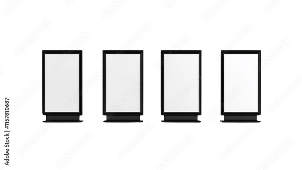 Set of black and white blank display stands for promotional posters, banners, or signboards, cut out Set of black and white blank display stands for promotional posters, banners, or signboards, cut out
