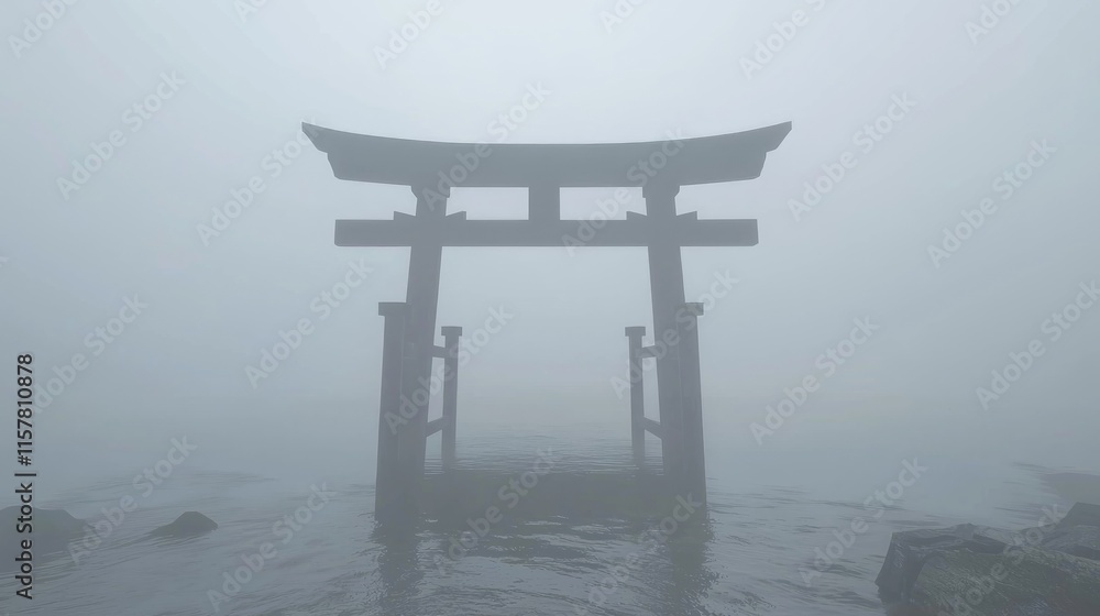 A misty torii gate emerging from water, evoking tranquility and mystery. A misty torii gate emerging from water, evoking tranquility and mystery.