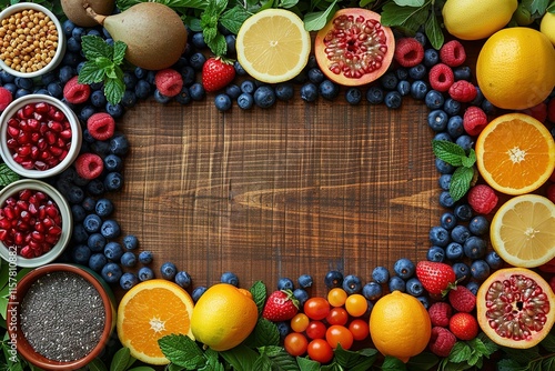 Fresh, colorful fruits, vegetables, and whole grains on a wooden table, symbolizing healthy eating habits photo