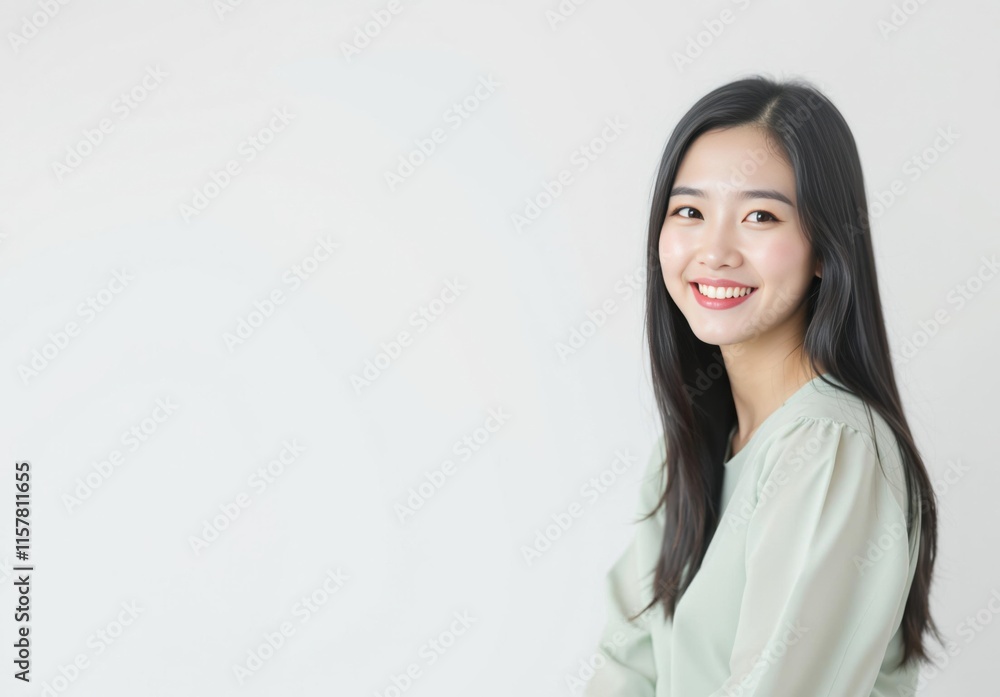 A smiling young Asian woman with long black hair, wearing a pale green blouse, is shown against a wh A smiling young Asian woman with long black hair, wearing a pale green blouse, is shown against a wh