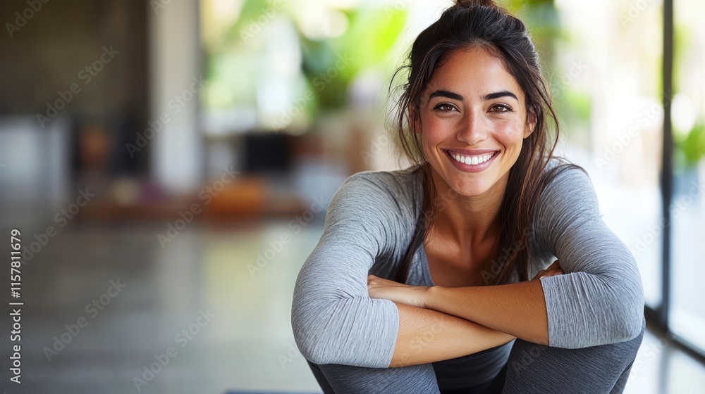 Fototapeta premium A woman with a joyful expression enjoys a moment of relaxation in a bright indoor area