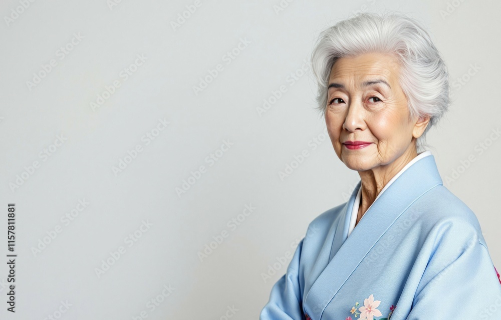 Close-up portrait of an elderly Asian woman with short, gray hair, wearing a pale blue kimono with s Close-up portrait of an elderly Asian woman with short, gray hair, wearing a pale blue kimono with s