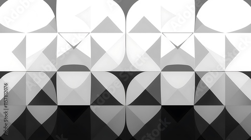 Monochromatic Geometric Pattern: Abstract grayscale design featuring a mesmerizing interplay of triangles, squares, and curves, creating a visually captivating and symmetrical composition.  