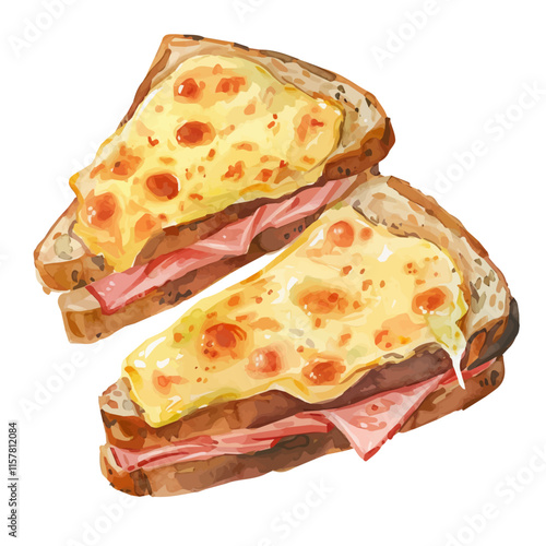 A watercolor vector of a French Croque Monsieur with ham and cheese, isolated on a white background. Croque Monsieur vector.
