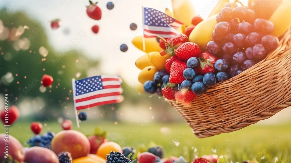 Vibrant Fourth of July Fruit Basket Photo: Joyfully Overflowing Berries and Bananas Outdoors. AI Generated Vibrant Fourth of July Fruit Basket Photo: Joyfully Overflowing Berries and Bananas Outdoors. AI Generated