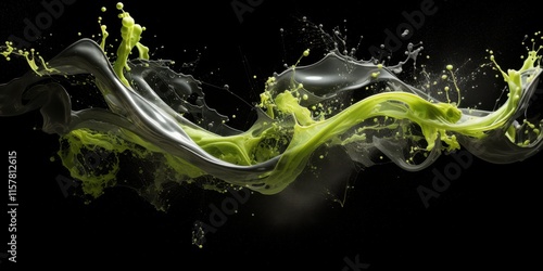 Dynamic flow of neon green and gray paint splash on black background