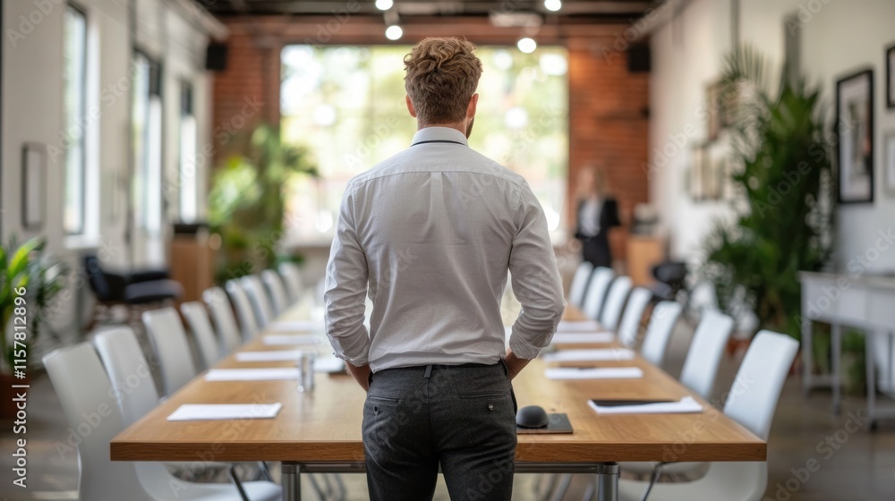 A man stands in front of a large wooden table, preparing for a business meeting in a bright space