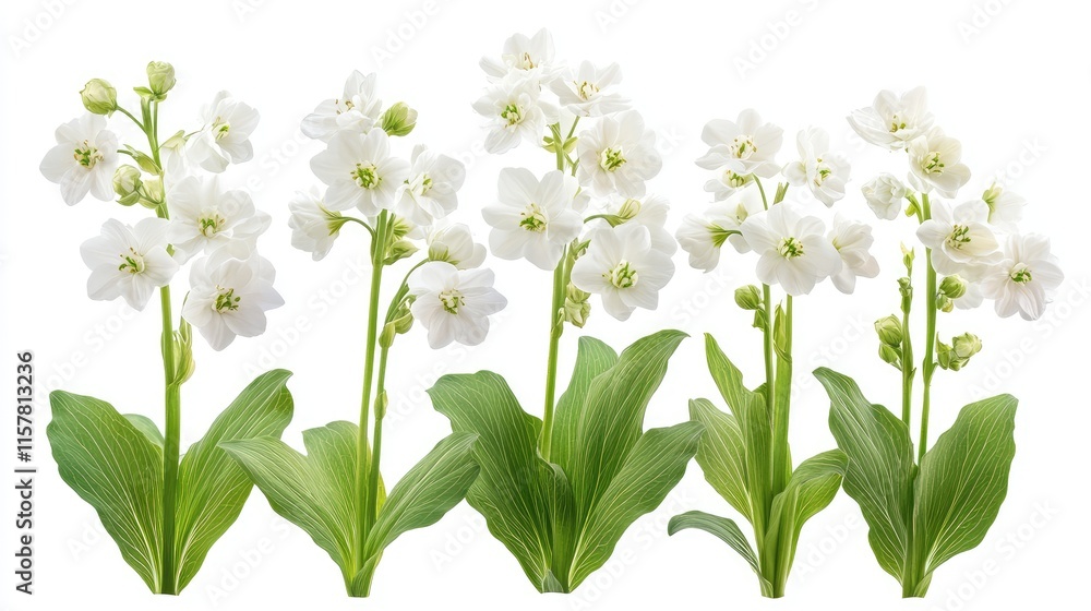 Fototapeta premium Elegant Group of White Flowers with Green Leaves on a Pristine White Background