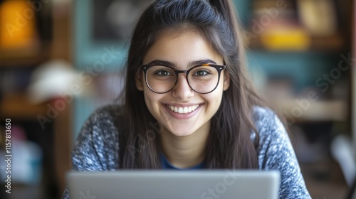 A woman smiles broadly as she uses her laptop in a relaxed cafe environment, showcasing a cheerful atmosphere