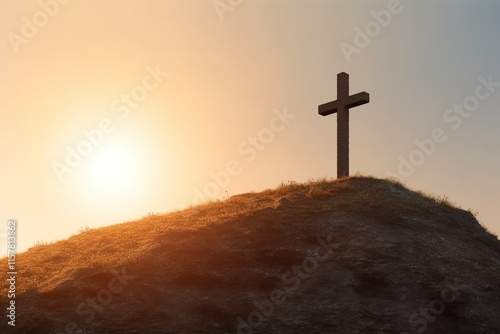 minimalistic design Christian cross on hill outdoors at sunrise. photo