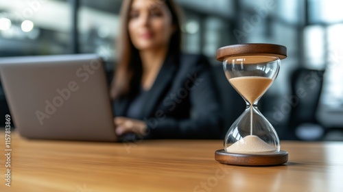 Businesswoman focuses on her work at a desk while an hourglass symbolizes time management