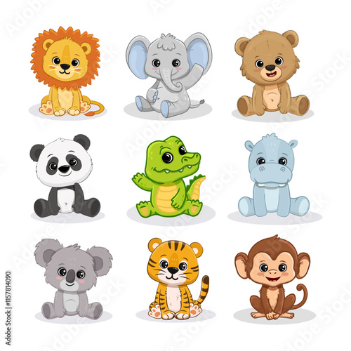  Set of cartoon cute animals including lion, tiger, hippopotamus, bear, panda, koala, monkey, crocodile and elephant. Jungle and forest animals for magazines,  postcards. Vector illustration
