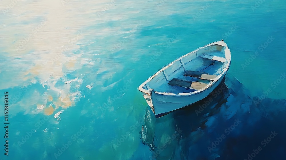 Serene White Boat Gently Drifting on Calm Turquoise Waters: Impressionistic Oil Painting. AI Generated Serene White Boat Gently Drifting on Calm Turquoise Waters: Impressionistic Oil Painting. AI Generated
