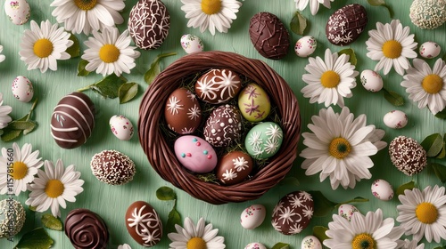 A flower-themed Easter basket surrounded by daisies, holding eggs painted like petals and chocolates shaped as blooms. photo