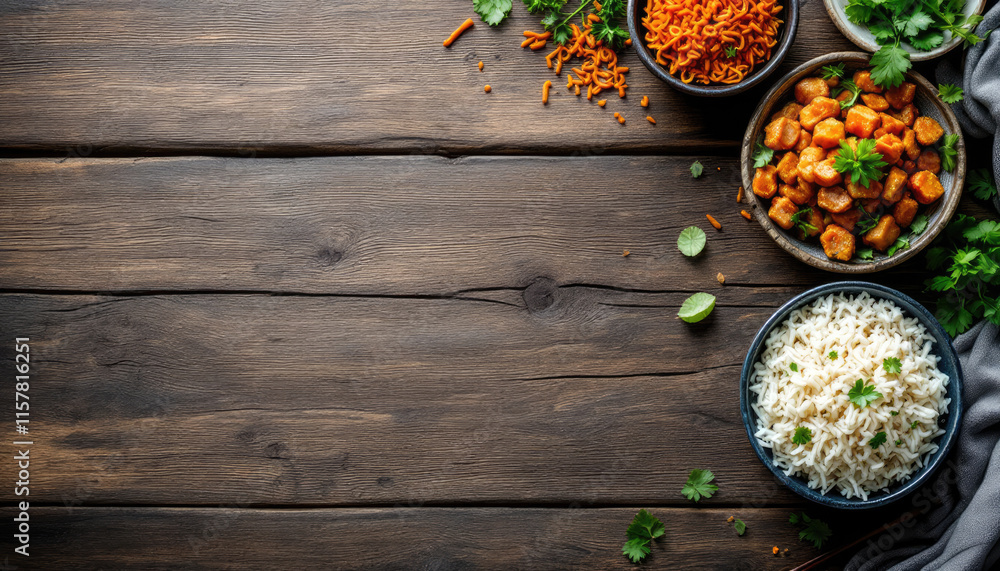 A rustic wooden table displays three bowls of food: a bowl of white rice with green herbs, a bowl of orange noodles, and a bowl of orange and green vegetables. A rustic wooden table displays three bowls of food: a bowl of white rice with green herbs, a bowl of orange noodles, and a bowl of orange and green vegetables.