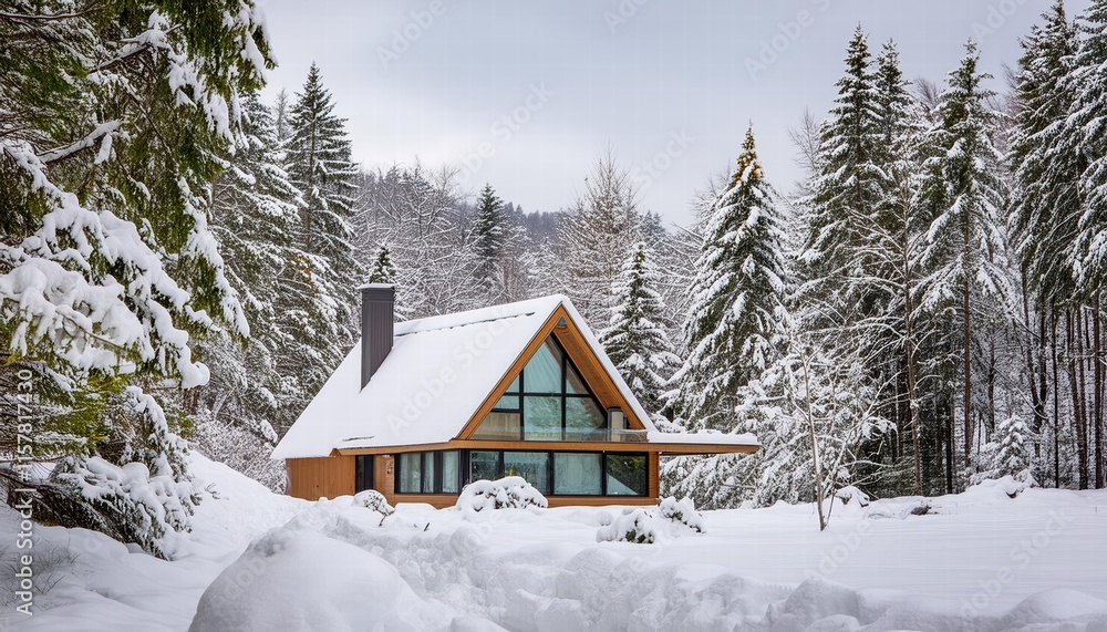 Stunning Modern Aframe House Cabin Nestled in a Serene Winter Forest, Blanketed in Snow, Showcasing Contemporary Architecture and Tranquil Nature Retreat Stunning Modern Aframe House Cabin Nestled in a Serene Winter Forest, Blanketed in Snow, Showcasing Contemporary Architecture and Tranquil Nature Retreat