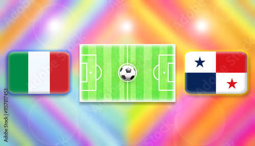 Italy and Panama flag on soccer field with ball.Football match concept against multicolored abstract background.Copy space for text.	