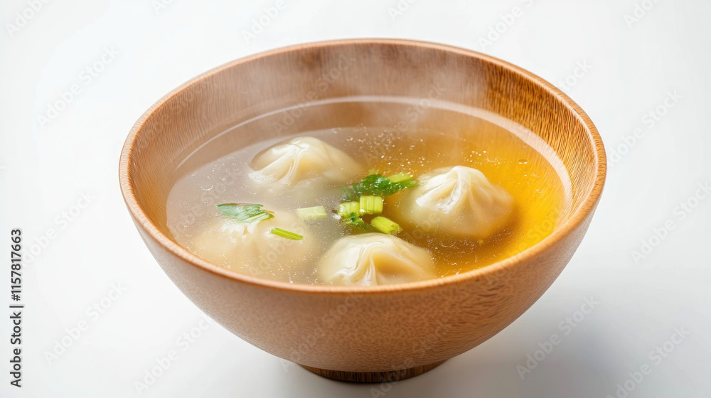 Steaming hot broth with dumplings in a wooden bowl. Steaming hot broth with dumplings in a wooden bowl.