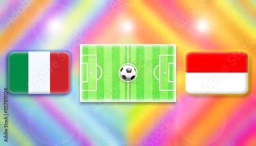 Italy and Indonesia flag on soccer field with ball.Football match concept against multicolored abstract background.Copy space for text.	