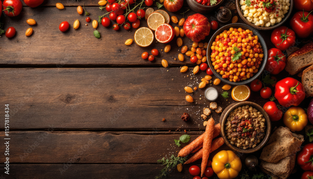 A rustic wooden table displays an array of fresh produce, including tomatoes, oranges, carrots, beans, and bread, arranged in a visually appealing manner. A rustic wooden table displays an array of fresh produce, including tomatoes, oranges, carrots, beans, and bread, arranged in a visually appealing manner.