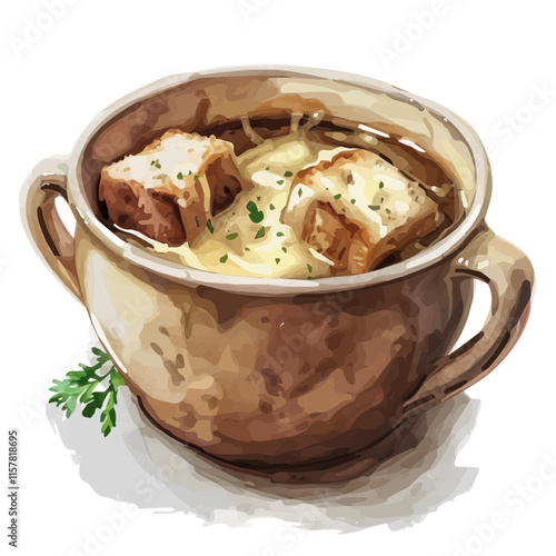 A watercolor vector of French onion soup with melted cheese and croutons, isolated on a white background. Onion soup vector.
