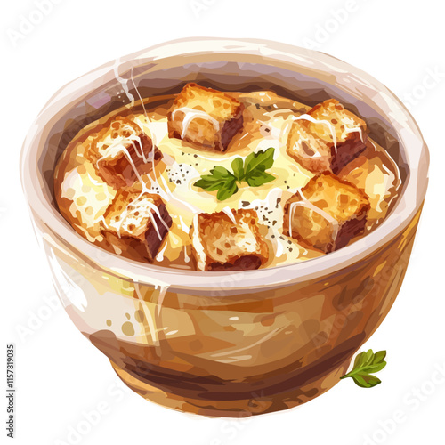 A watercolor vector of French onion soup with melted cheese and croutons, isolated on a white background. Onion soup vector.
