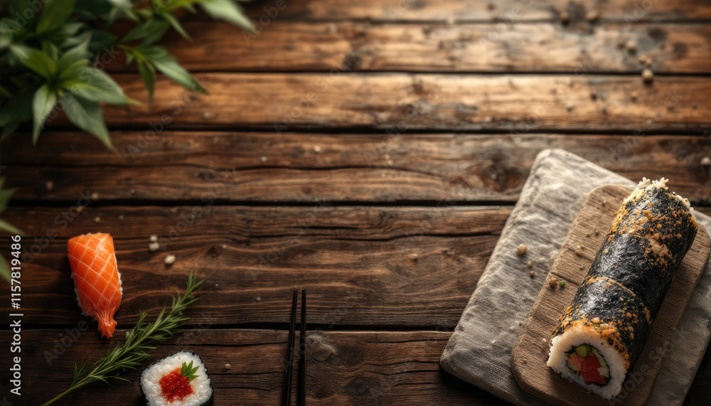 A wooden table holds a sushi roll with black sesame seeds, a piece of orange salmon, and a sprig of rosemary, with a blurred background. A wooden table holds a sushi roll with black sesame seeds, a piece of orange salmon, and a sprig of rosemary, with a blurred background.