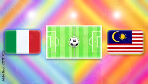 Italy and Malaysia flag on soccer field with ball.Football match concept against multicolored abstract background.Copy space for text.	